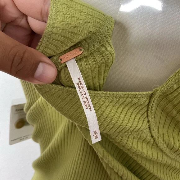 FREE PEOPLE Bridgette Ribbed Button Tank Green Cropped Cotton Summer Top M - Picture 5 of 10